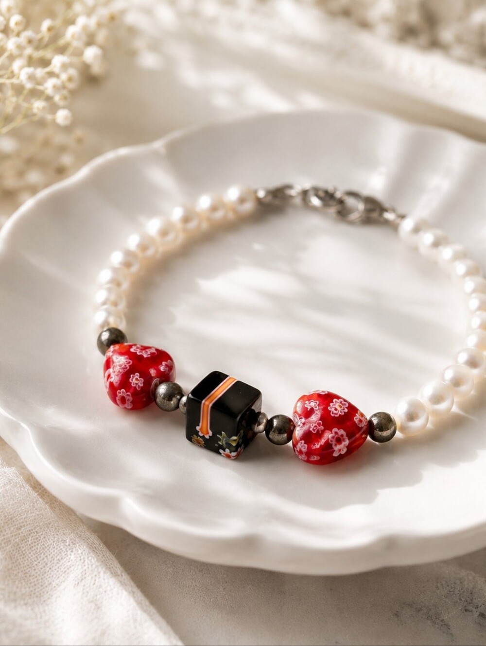 Freshwater Pearl‎ Millefiori Glass Bracelet Sterling Silver Clasp Heart Murano